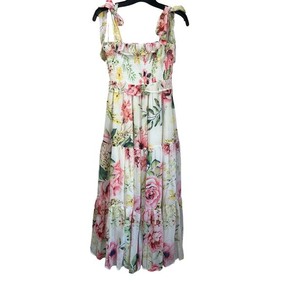 Flying Tomato Floral Maxi Dress Smocked Bodice Tie Straps Midi Sundress Sz M - Picture 2 of 10